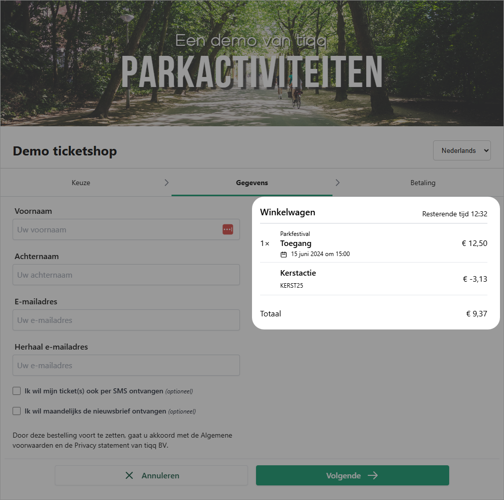 Kortingscodes invoeren in de ticketshop