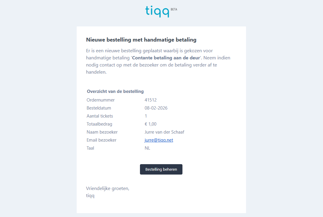 Screenshot email melding voor de organisator